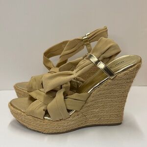 Women's Nine West Gold and Tan Wedge Sandals Size 9M